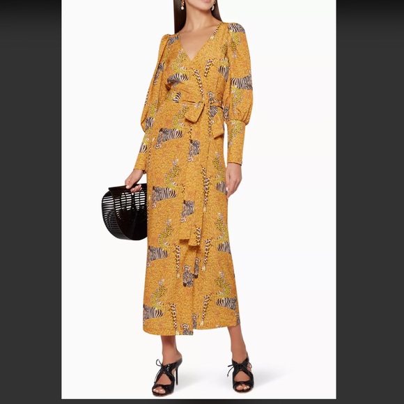 Rhode Aspen Serengeti Yellow Puff Sleeve Animal Print Zebra Wrap MIDI Dress - Picture 3 of 14